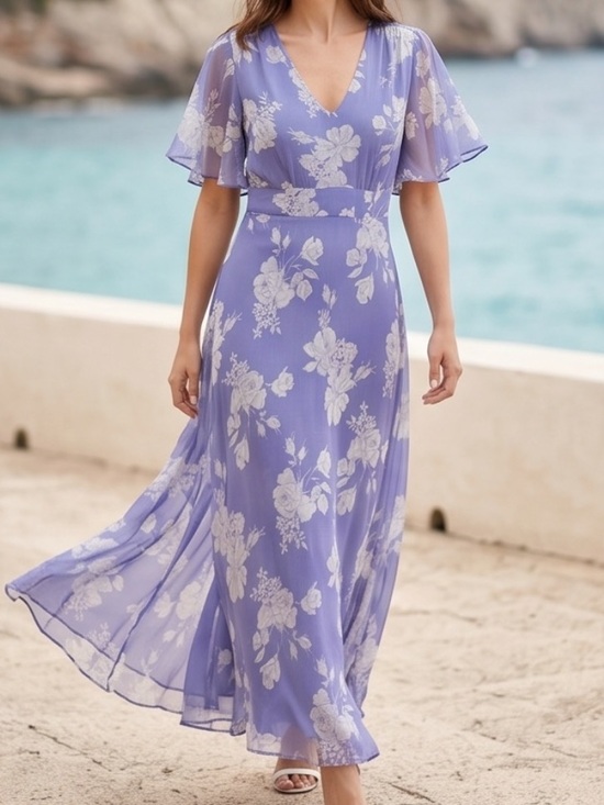 Dresses & Skirts - Lavender Floral V-Neck Maxi Dress with Flutter Sleeves